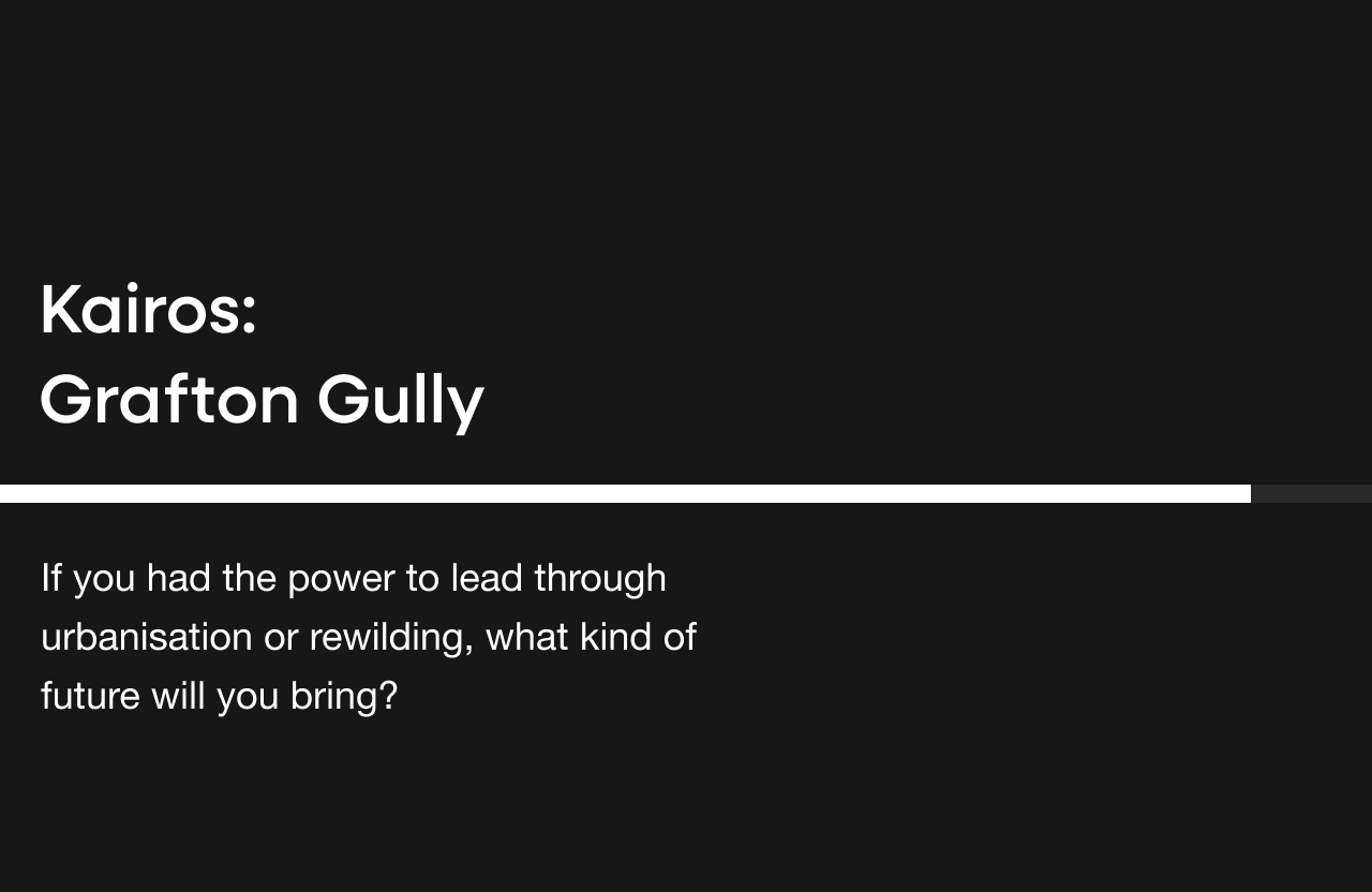 Kairos Grafton Gully title screen asking about urbanisation or rewilding