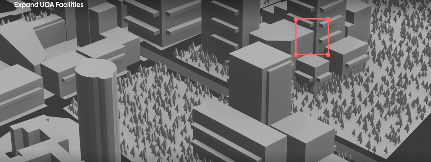 Grayscale 3D isometric cityscape with a red highlighted building