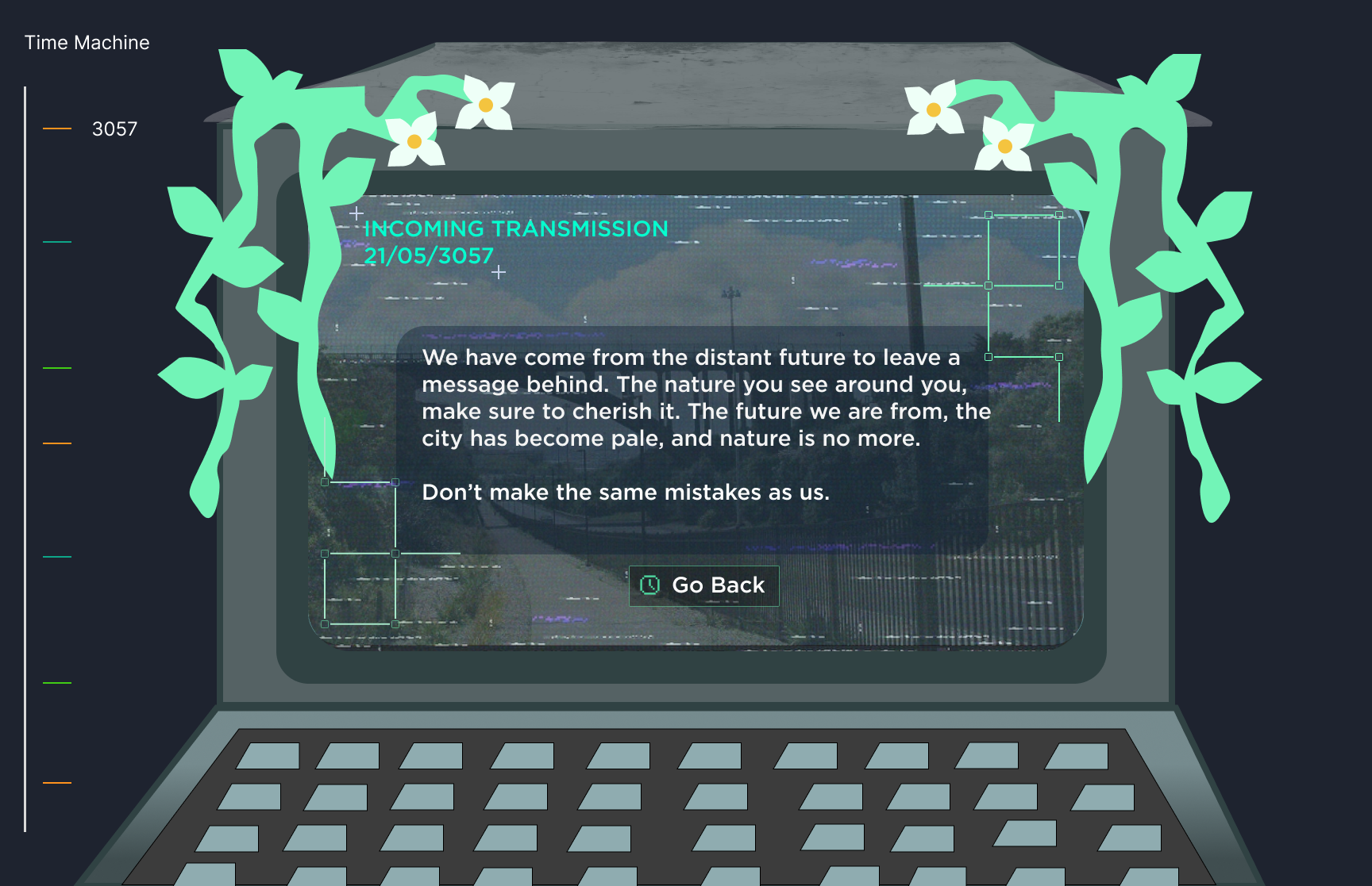 Lo-fi time machine starting screen with a message from the future