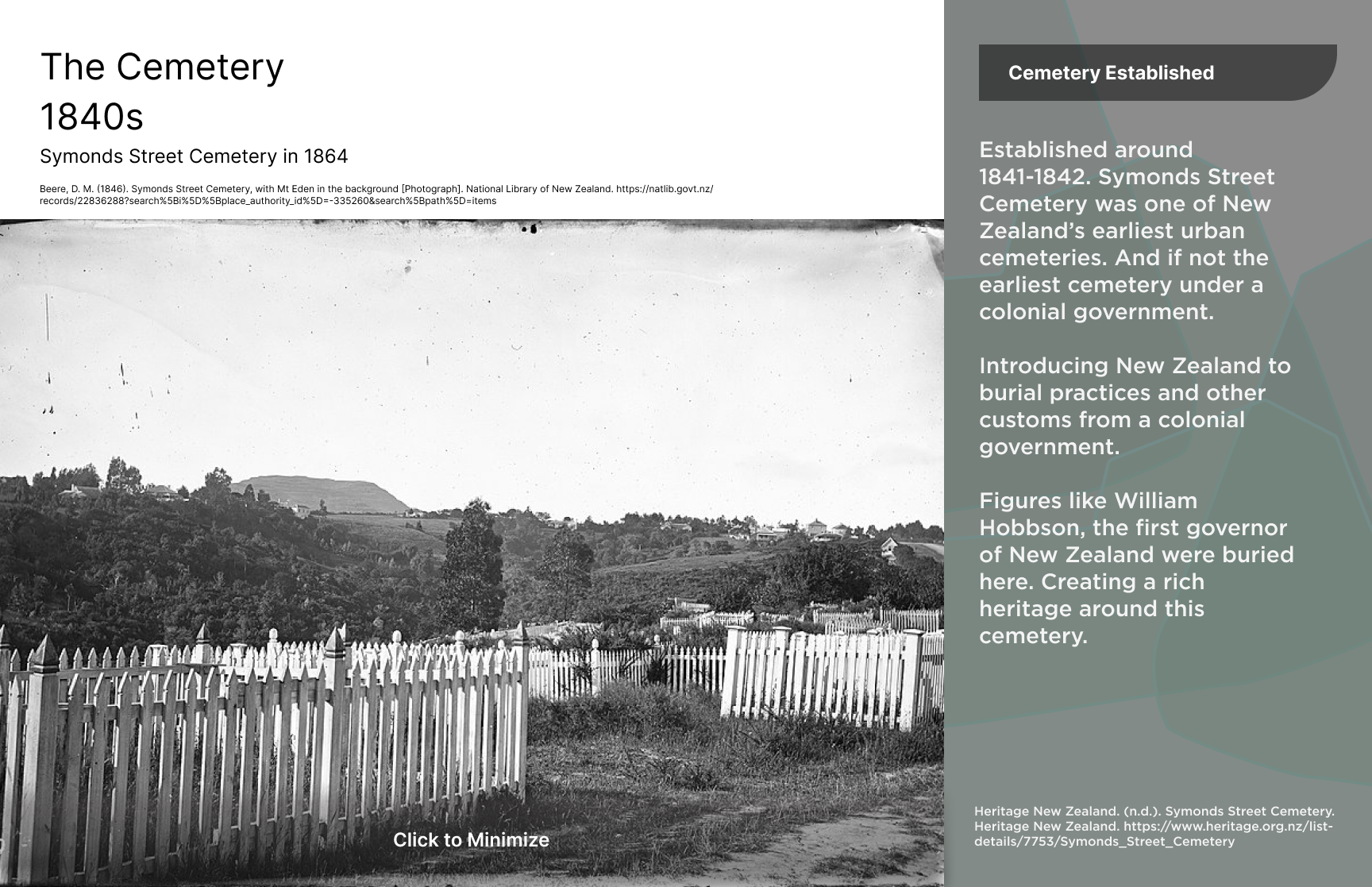Lo-fi expanded historical event card about Symonds Street Cemetery