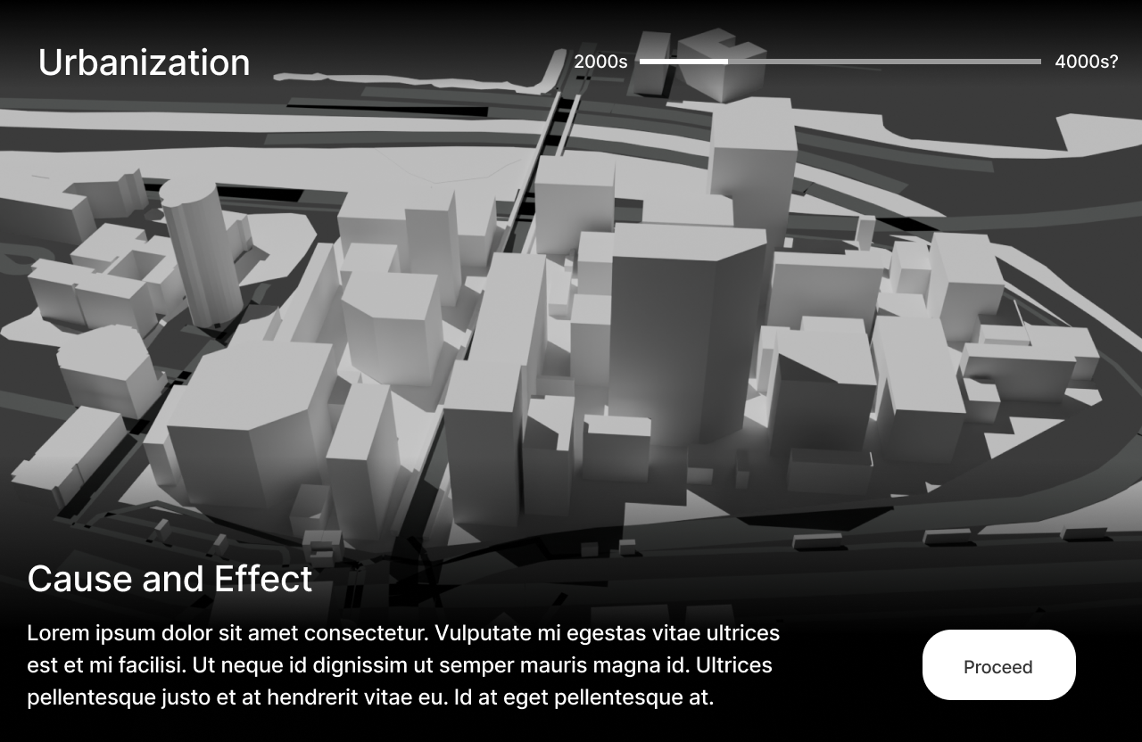 Mid-fi urbanization cause and effect screen with timeline and proceed button