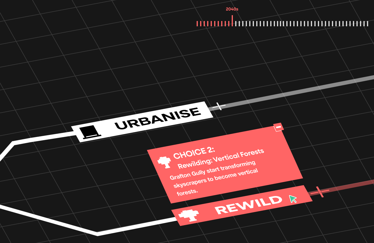 Rewilding choice screen with vertical forests in the 2040s