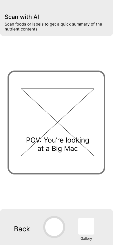 Lo-fi wireframe of the Nurture AI scan camera screen