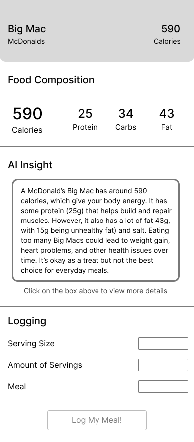 Lo-fi wireframe of the Nurture food detail and logging screen