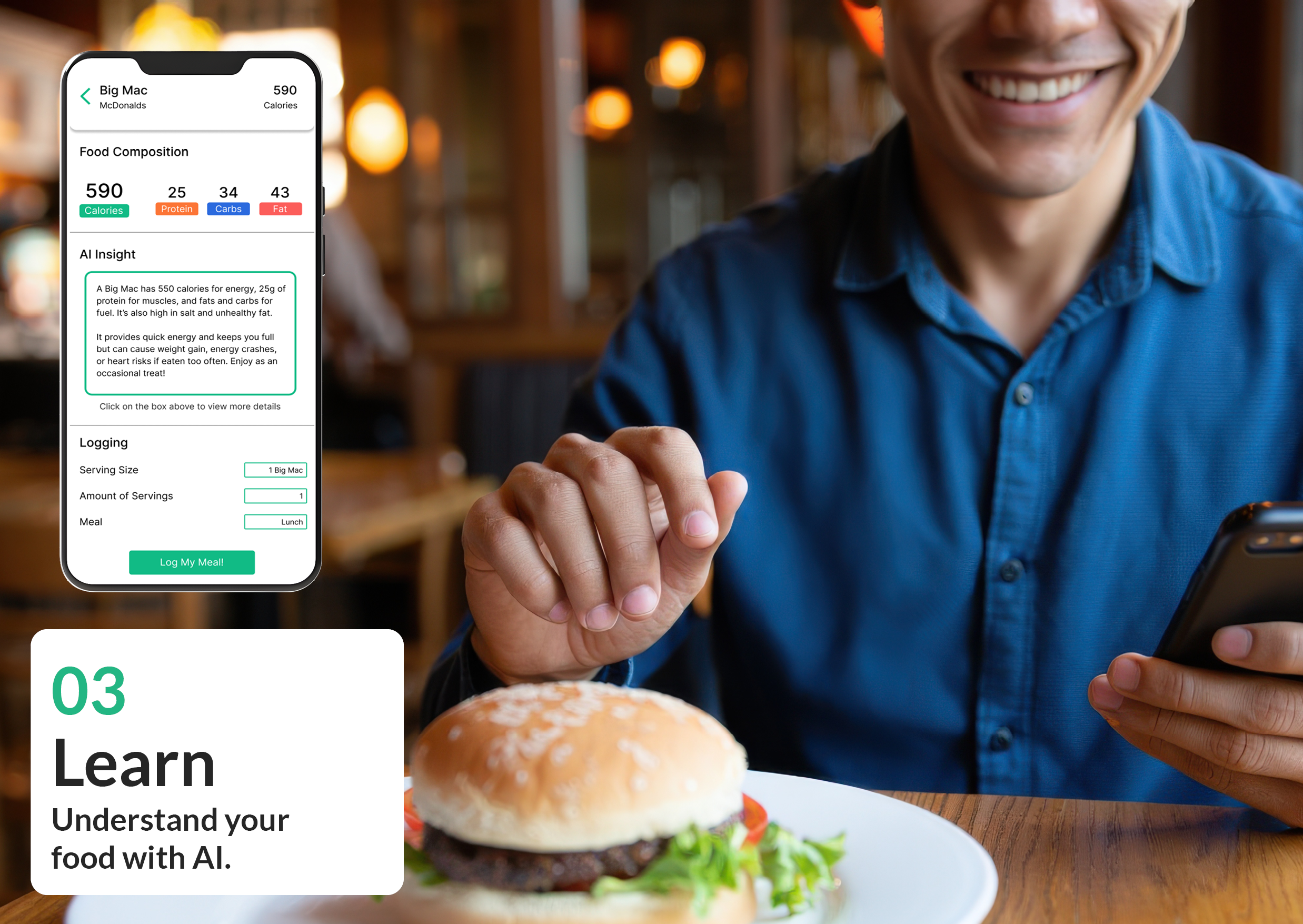 Nurture food summary screen with AI insight for a Big Mac