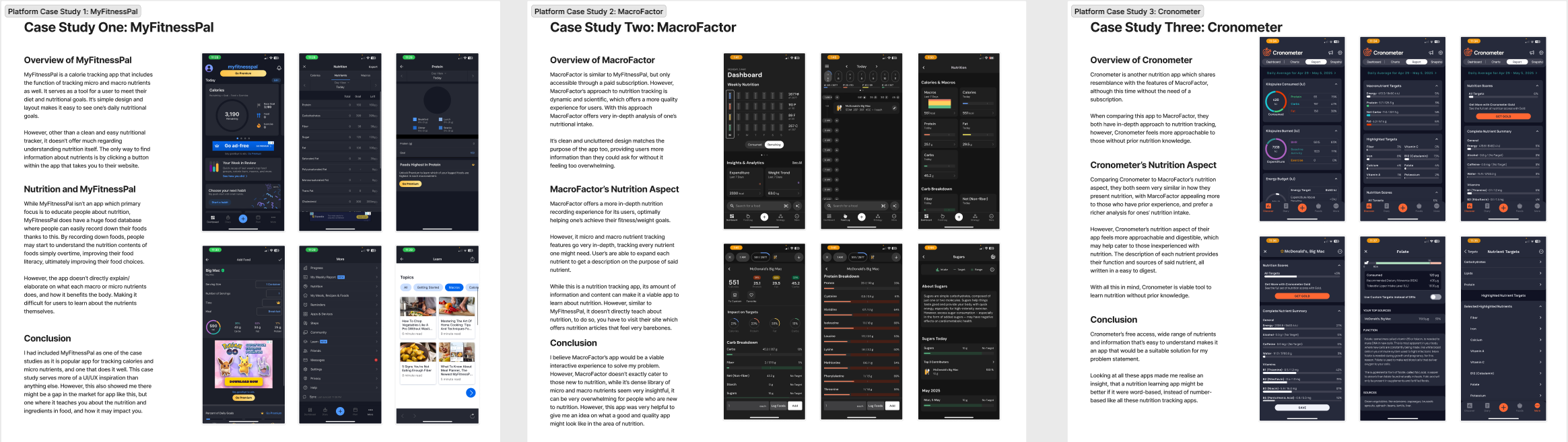 Competitor research comparing MyFitnessPal, Macrofactor, and Cronometer