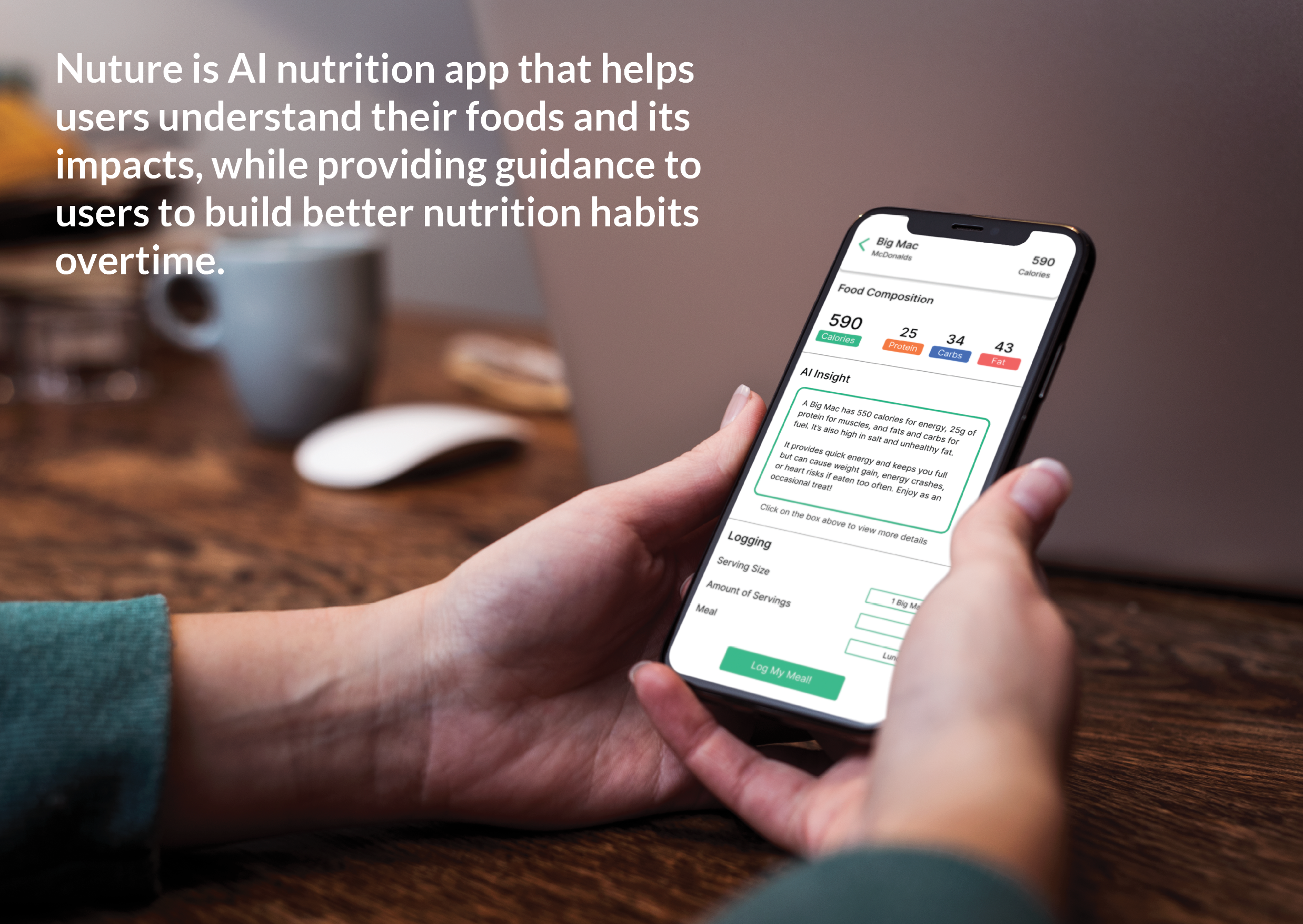 Smartphone showing Nurture food composition and AI insight for a Big Mac