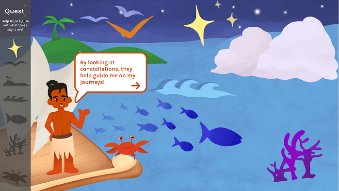 Figma prototype showing Kupe explaining how constellations guide his journeys